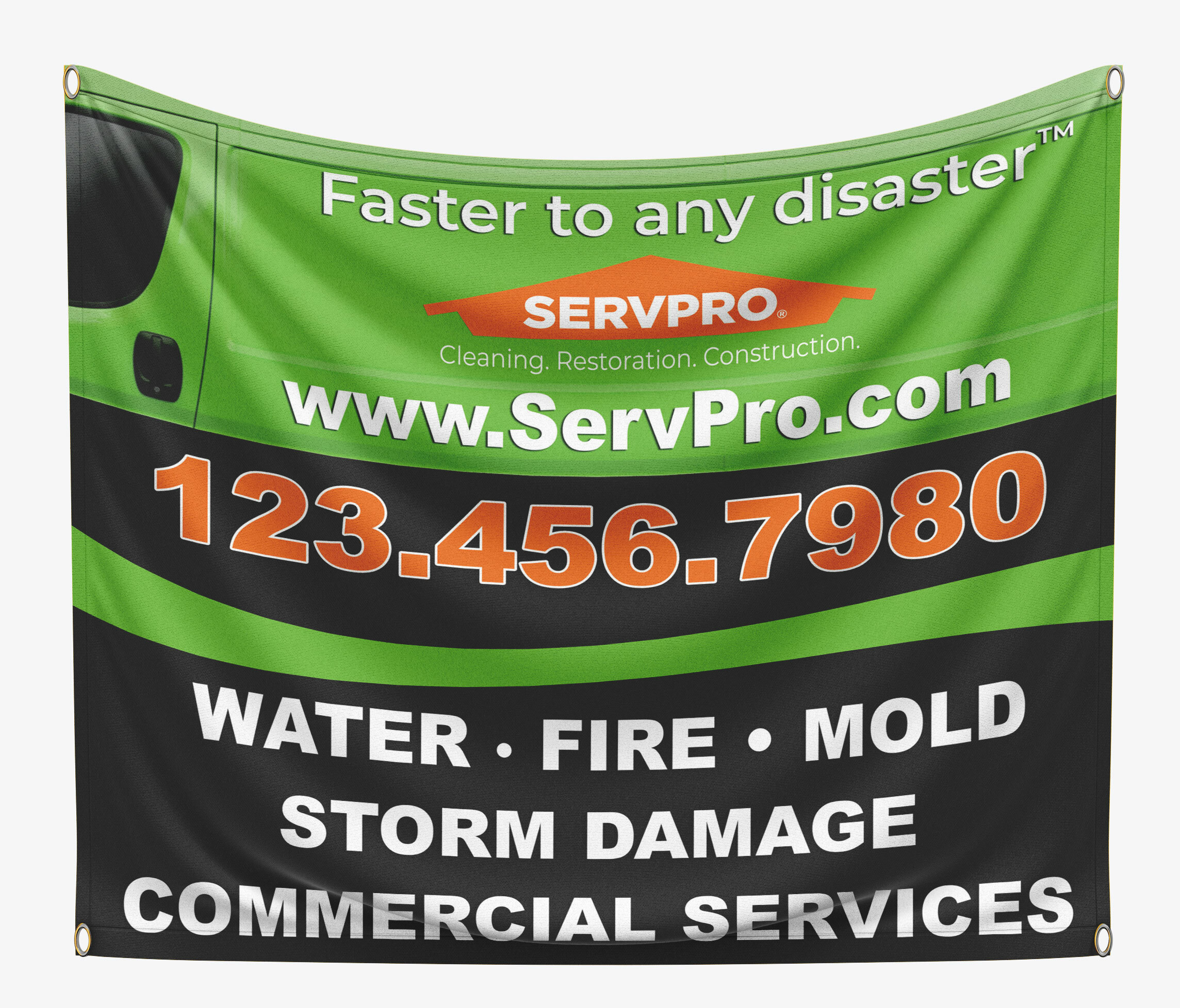 The Servpro banner enhances your brand's visibility in storm-hit regions, proving to be a wise investment for your restoration services.