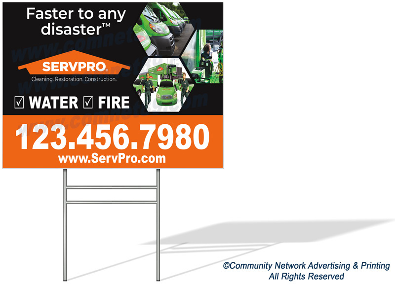 Enhance your Servpro business by utilizing yard signs in disaster-stricken areas, partnered with offer of free next-day delivery.