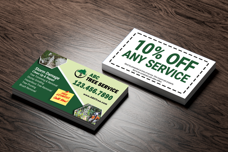 Tree Service business card that highlights storm damage clean up and removal.  Backside includes a coupon for 10% off