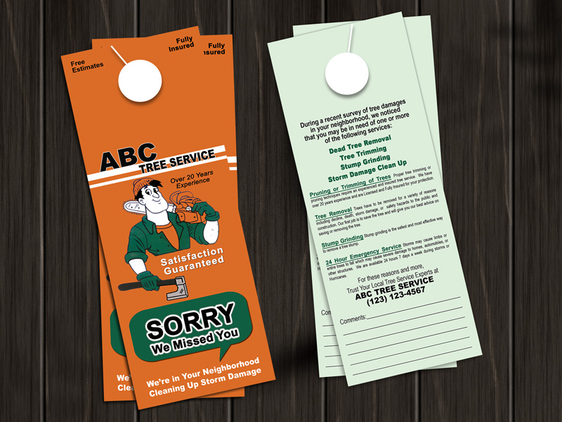 Professionally designed tree removal door hanger is best used after a storm, ie. hail or wind storm, hurricane, tornado, etc. Customized to fit you business. 