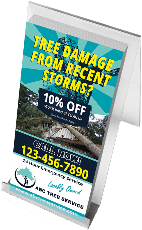 Stand out in storm damaged areas with our custom-designed postcards and rack cards, perfect for handing out to promote your tree service business effectively and professionally.