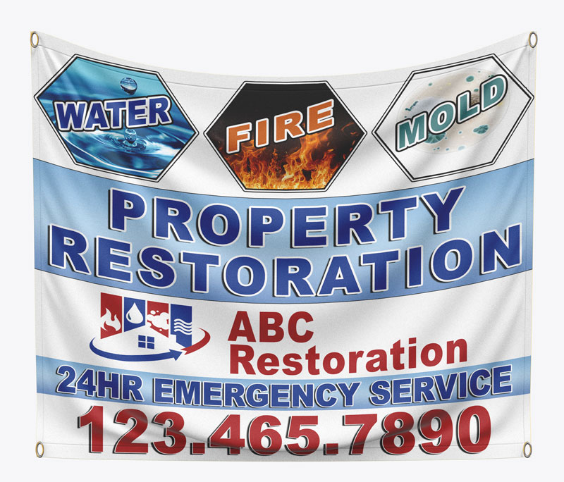 Advertise water damage restoration services with custom banners for flood, fire, or mold affected areas. Free changes and quick proofs in 24 hours.