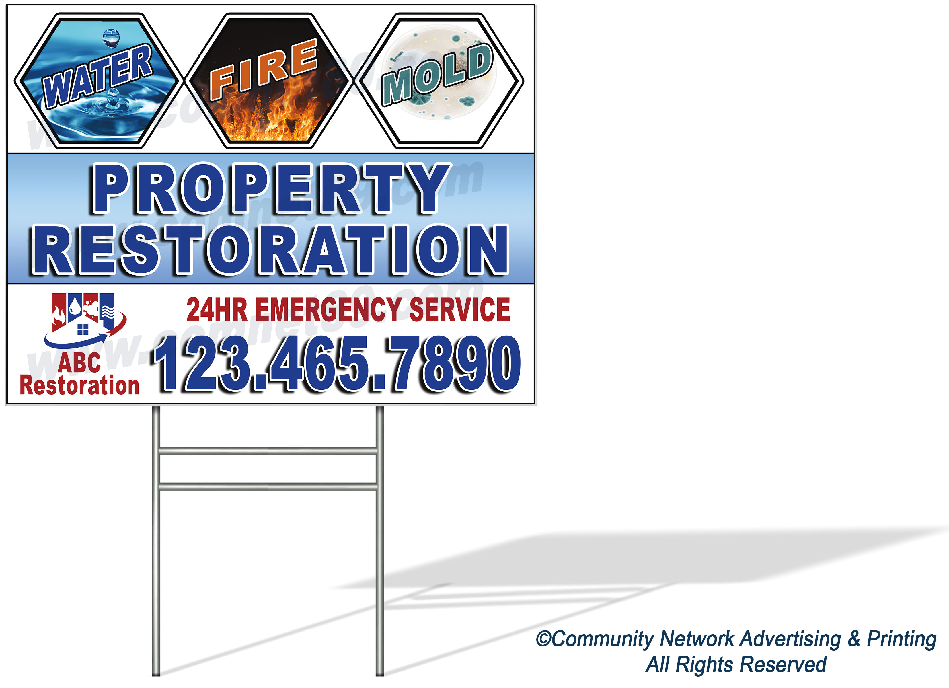 Promote water damage restoration services with customizable yard signs. Ideal for flood, fire, or mold affected neighborhoods. Free changes and fast proofs within 24 hours.