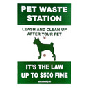 Bright green aluminum pet waste sign with bold white text