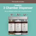 Wall-mounted SOLera dispenser with clear chambers and Soapbox Sea Minerals & Blue Iris refills