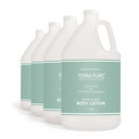 Case of 4 Terra Pure lotion refill gallons showing integrated handles and pump-ready necks