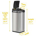 Stainless steel trash can with full dimensions labeled for easy fit planning