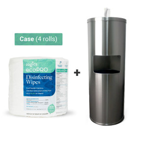 Zogics ecoPRO wipes and stainless steel floor-standing dispenser bundle, made in the USA