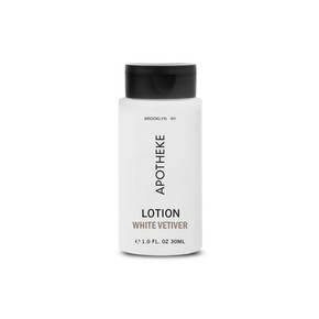 Apotheke White Vetiver Body Lotion 1 oz single-use bottle for hotel vanities and spa amenity programs