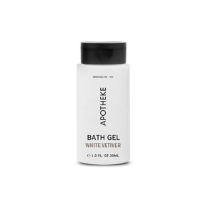 Apotheke White Vetiver Bath Gel 1 oz single-use bottle for hotel guest rooms and wellness facilities