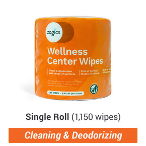 Single roll of Zogics quaternary disinfectant wipes, free of phenol, bleach, and alcohol