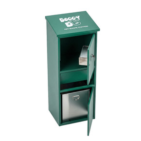 Concealed 3 gal odor-sealed bin interior on Namco Doggy Do Pet Waste Stand