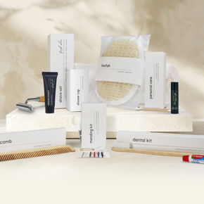 hotel hygiene products with bamboo toothbrush and Colgate toothpaste