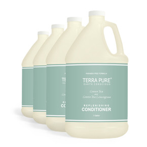 Pack of four Terra Pure Green Tea Conditioner gallons arranged for hotel restocking
