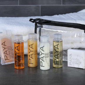 Six PAYA travel bottles and bars individually set out in a neat row on countertop Six PAYA travel bottles and bars individually set out in a neat row on countertop