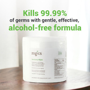 Pre-moistened Zogics Hand Sanitizing Wipes with textured wipe material