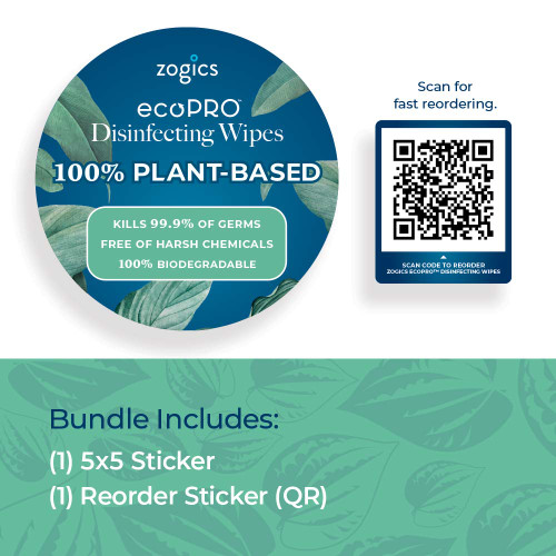 Zogics ecoPRO wipes with reorder and benefit stickers for upward pull dispensers