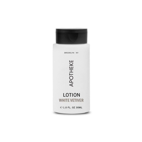 Apotheke White Vetiver Body Lotion 1 oz single-use bottle for hotel vanities and spa amenity programs