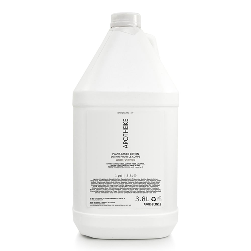 Apotheke White Vetiver Body Lotion 1-gallon bottle, woody scent hotel and spa lotion refill