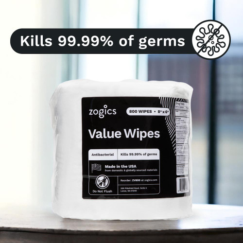 Zogics Value Wipes killing 99.9% of germs on hard surfaces and hands