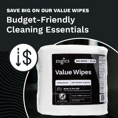 Zogics Value Wipes 4-roll case free of phenol bleach and alcohol, made in USA