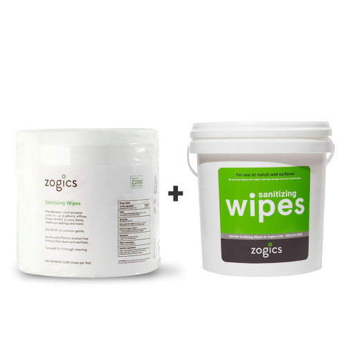Zogics Hand and Surface Sanitizing Wipes portable bucket bundle with 2,000 wipes per roll