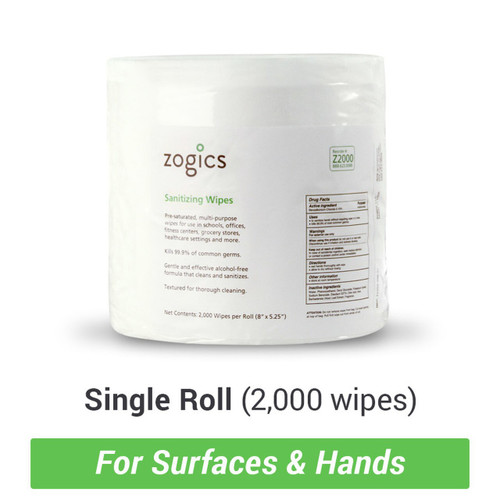 Single roll of Zogics Hand Sanitizing Wipes free of phenol, bleach and alcohol