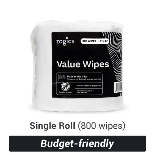 Single roll of Zogics Value Cleaning Wipes free of phenol, bleach, and alcohol