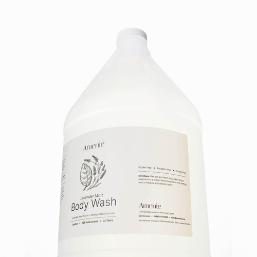 Amenie Salon lavender body wash gallon bottle angled front view