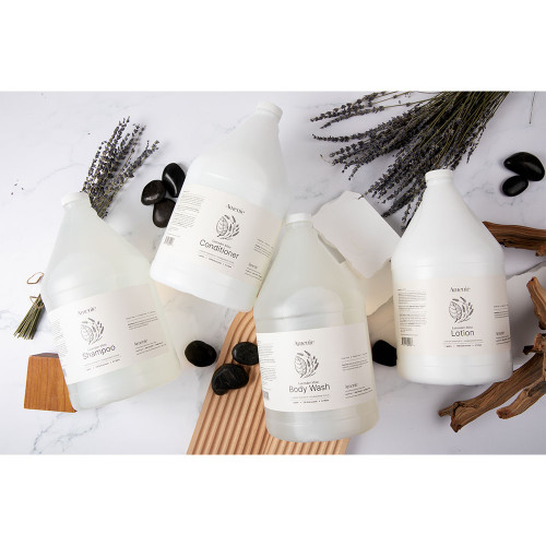 Amenie Salon lavender personal care gallon bottles with spa accessories