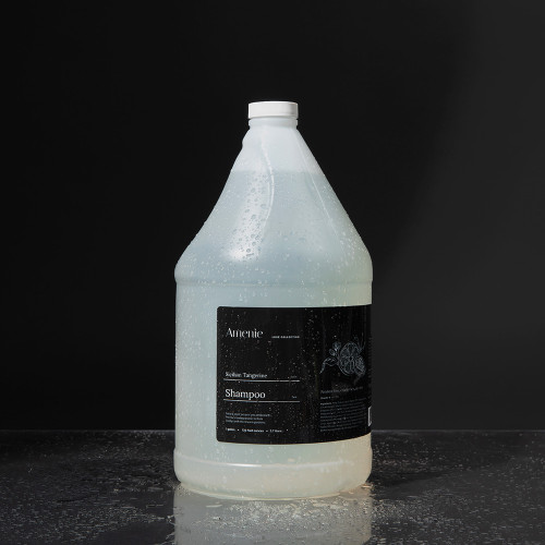 Amenie Sicilian Tangerine Shampoo gallon bottle with citrus garnish and black marble background