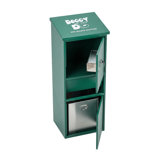 Concealed 3 gal odor-sealed bin interior on Namco Doggy Do Pet Waste Stand