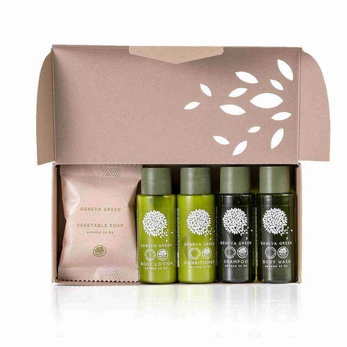 Travel-size Geneva Green toiletry set in paper box made in Italy for guest room use