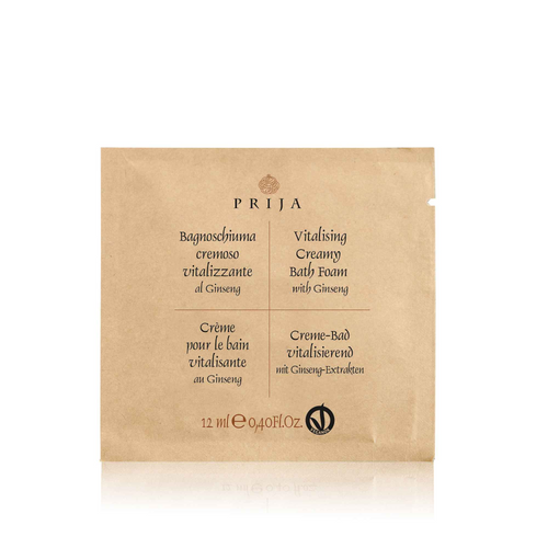 Single-use Prija creamy bath foam sachet made in Italy with ginseng extract