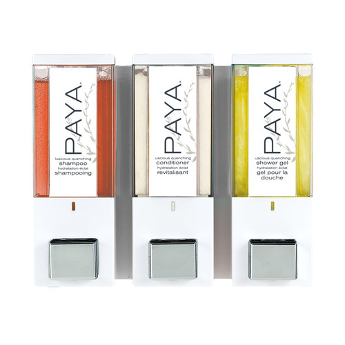 iQon Paya 3 Chamber Dispenser in white with translucent bottles