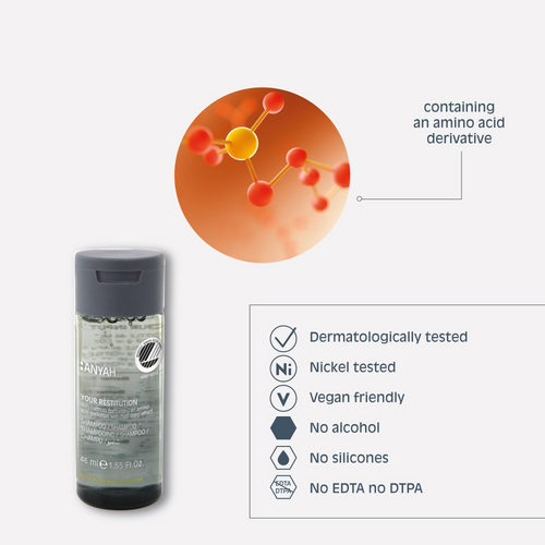 Travel size Anyah restitution shampoo in recycled PET bottle for hospitality use