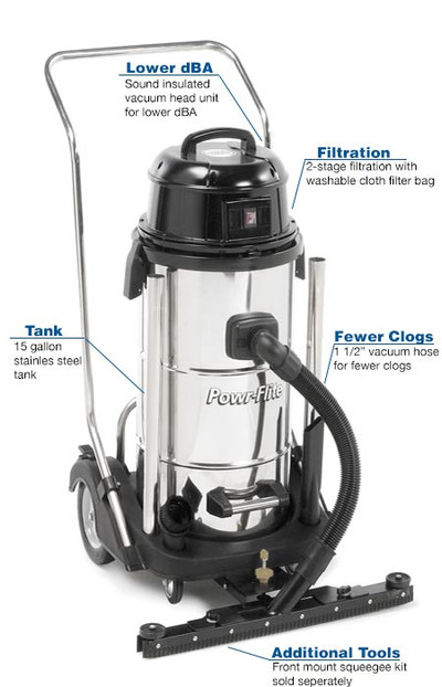 Powr-Flite Wet Dry Vacuum 15 Gallon With Stainless Steel Tank and Tool Kit