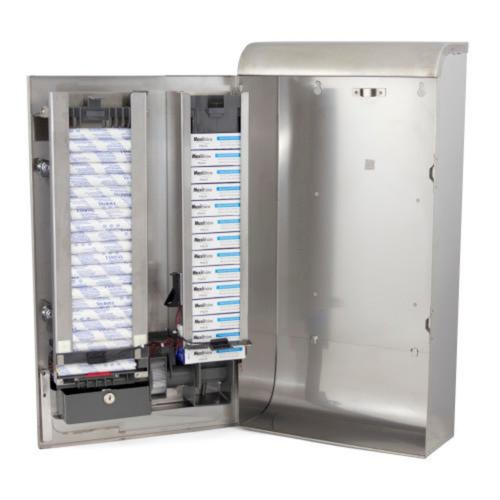 inside the stainless steel 25¢ vend for tampons and sanitary pads