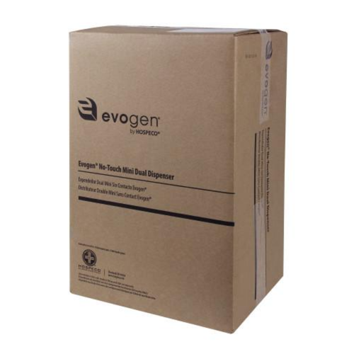 Packaging box of Evogen EVNT4 Mini No-Touch Dual Sanitary Napkin & Tampon Dispenser