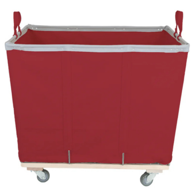 Red 12-bushel commercial laundry cart with non-marking wheels
