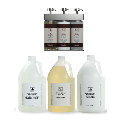 Soapbox Sea Minerals & Blue Iris bundle with 3-gallon refills and satin-silver SOLera dispenser