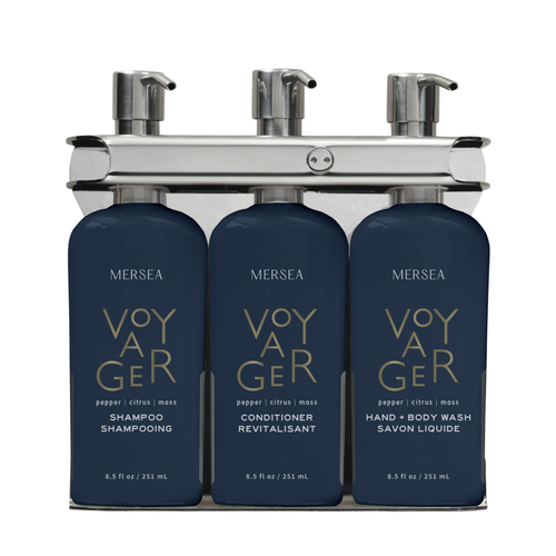 Mersea Voyager 3-chamber polished stainless steel shower dispenser for hotels