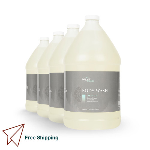 Zogics body wash bulk pack of four 1-gallon bottles for hotels, spas, and rental use