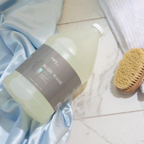 Zogics dispenser-ready body wash gallon with dye-free ingredients