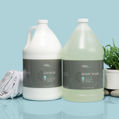 Zogics 1-gallon body wash and lotion pair with gentle, dye-free, cruelty-free formulas