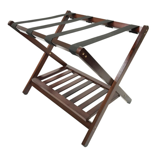 H1S Standard Wooden Luggage Rack with Shoe Shelf in walnut finish for hotel guest rooms