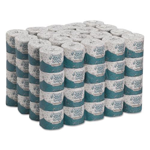 Individually wrapped Angel Soft 2-ply toilet paper rolls stacked
