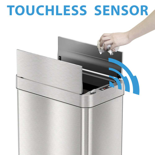 Sensor trash can with lid open, showing ease of access for large trash items