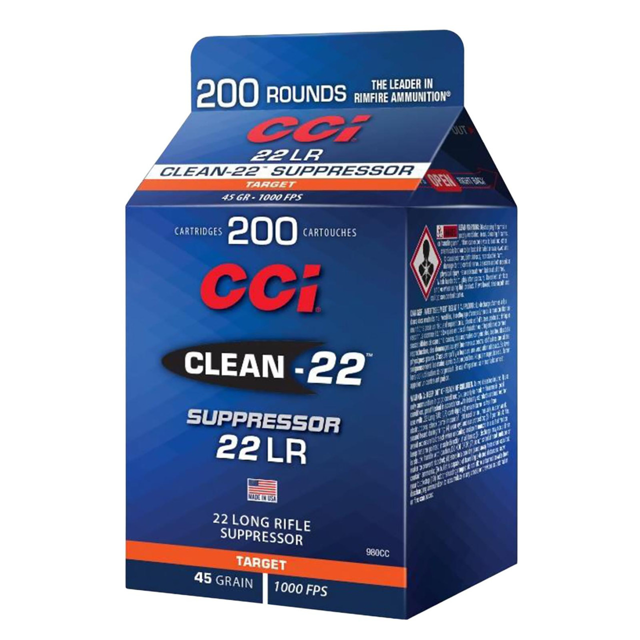 CCI 980CC Clean-22 Suppressor 22 LR 45 gr Lead Round Nose 200 Per