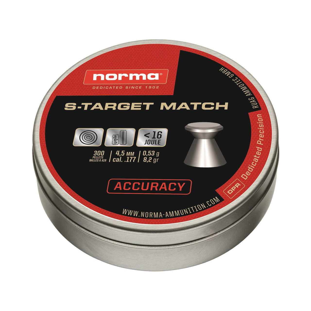 Norma STarget Match Air Gun Pellets 177 Caliber 8.2 Grain Flat Nose Tin of 300 Fin Feather